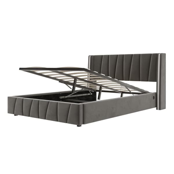 Dobbeltseng 160x200 cm i grå velour med USB-porte, LED-lysbånd, hydraulisk løftesystem og opbevaringsplads