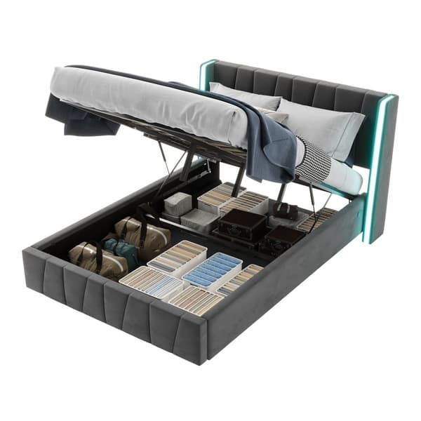 Dobbeltseng 160x200 cm i grå velour med USB-porte, LED-lysbånd, hydraulisk løftesystem og opbevaringsplads