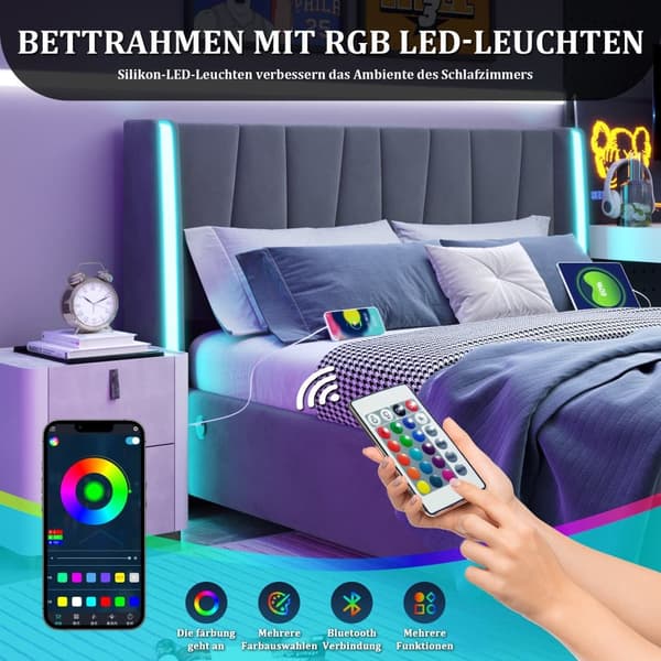 Dobbeltseng 160x200 cm i grå velour med USB-porte, LED-lysbånd, hydraulisk løftesystem og opbevaringsplads