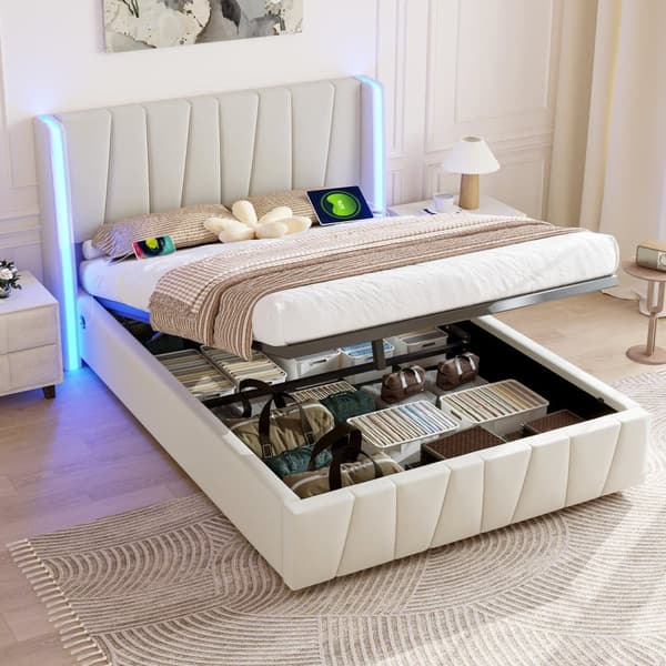 Dobbeltseng 140x200 cm i beige velour med USB-porte, LED-lysbånd, hydraulisk løftesystem og ekstra opbevaring
