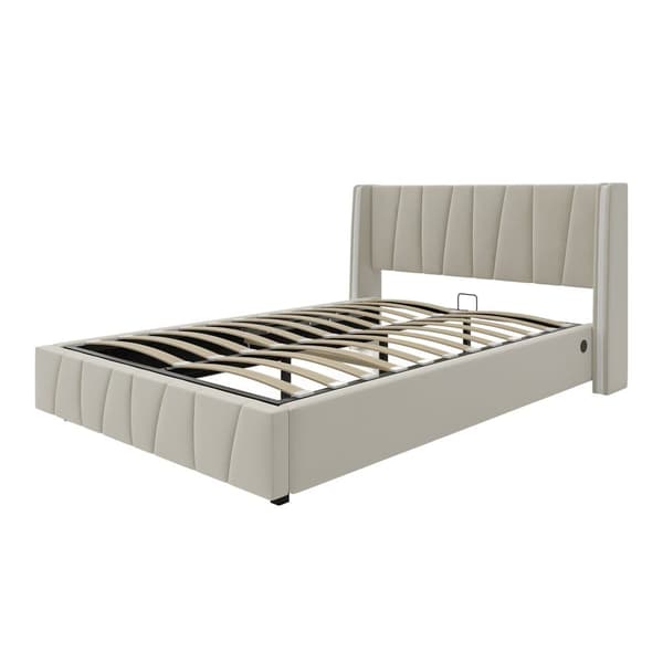 Dobbeltseng 140x200 cm i beige velour med USB-porte, LED-lysbånd, hydraulisk løftesystem og ekstra opbevaring