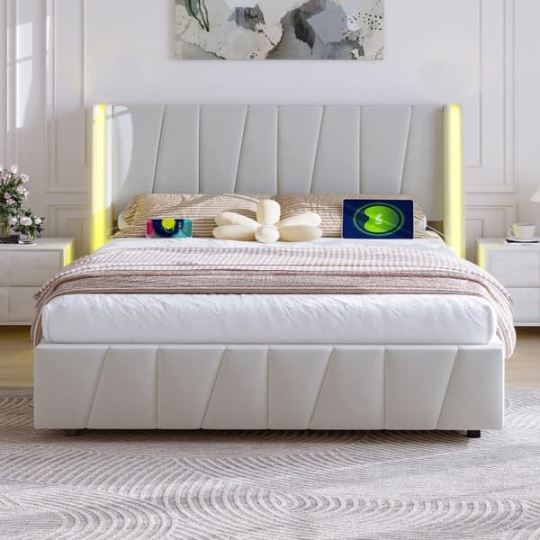 Dobbeltseng 140x200 cm i beige velour med USB-porte, LED-lysbånd, hydraulisk løftesystem og ekstra opbevaring