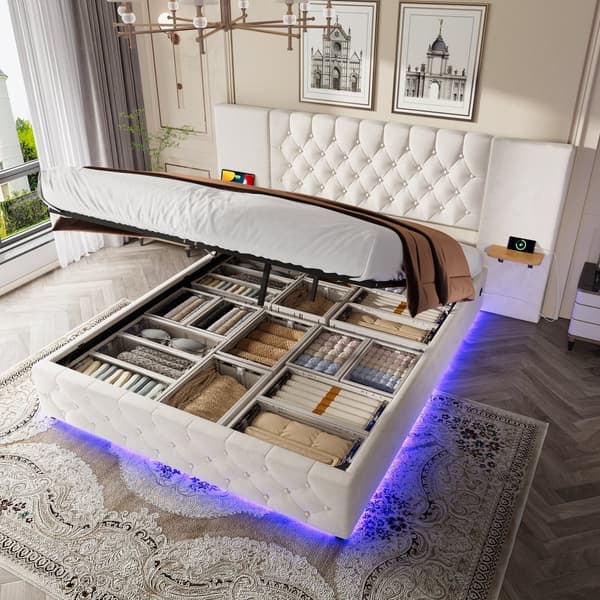 Moderne dobbeltseng 160x200 cm i beige velour – med bredt hovedgærde, LED-belysning, USB-porte og hydraulisk opbevaring under sengen