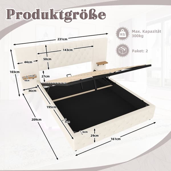 Moderne dobbeltseng 160x200 cm i beige velour – med bredt hovedgærde, LED-belysning, USB-porte og hydraulisk opbevaring under sengen