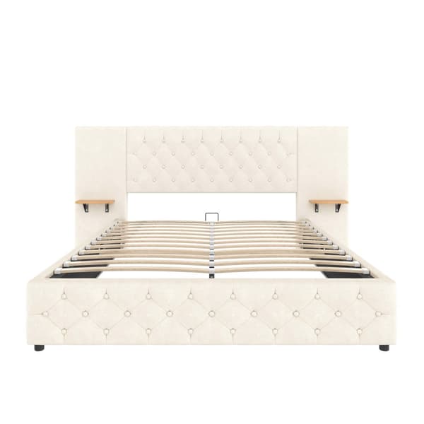 Moderne dobbeltseng 160x200 cm i beige velour – med bredt hovedgærde, LED-belysning, USB-porte og hydraulisk opbevaring under sengen