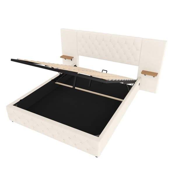 Moderne dobbeltseng 160x200 cm i beige velour – med bredt hovedgærde, LED-belysning, USB-porte og hydraulisk opbevaring under sengen