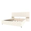 Miniatyrbillede 7 af 10: Moderne dobbeltseng 160x200 cm i beige velour – med bredt hovedgærde, LED-belysning, USB-porte og hydraulisk opbevaring under sengen
