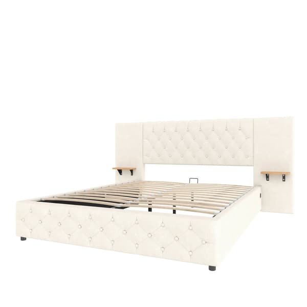 Moderne dobbeltseng 160x200 cm i beige velour – med bredt hovedgærde, LED-belysning, USB-porte og hydraulisk opbevaring under sengen
