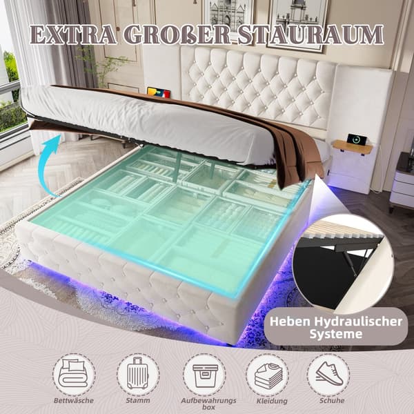 Moderne dobbeltseng 160x200 cm i beige velour – med bredt hovedgærde, LED-belysning, USB-porte og hydraulisk opbevaring under sengen