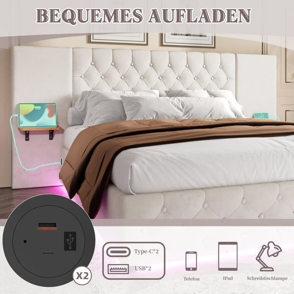 Moderne dobbeltseng 160x200 cm i beige velour – med bredt hovedgærde, LED-belysning, USB-porte og hydraulisk opbevaring under sengen