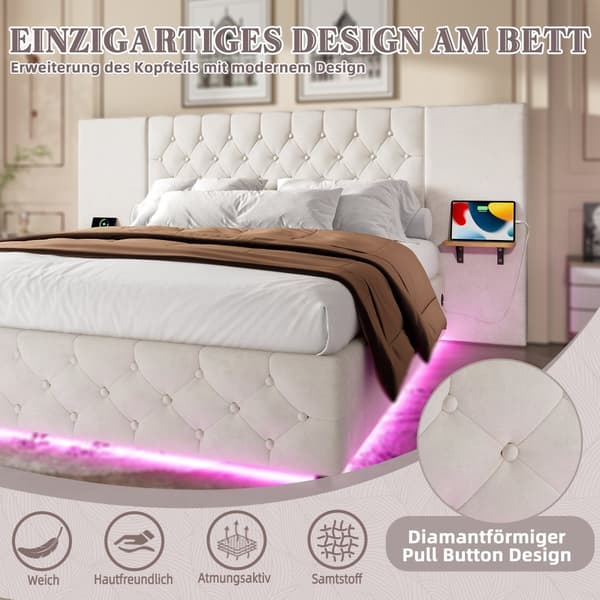 Moderne dobbeltseng 160x200 cm i beige velour – med bredt hovedgærde, LED-belysning, USB-porte og hydraulisk opbevaring under sengen