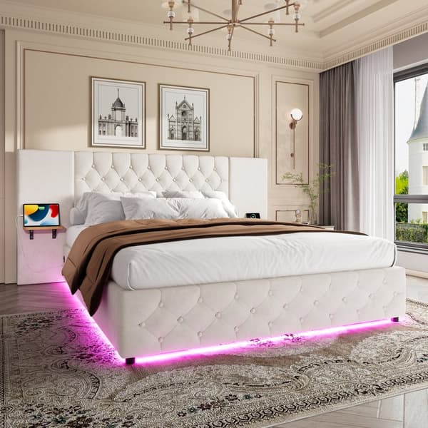 Moderne dobbeltseng 160x200 cm i beige velour – med bredt hovedgærde, LED-belysning, USB-porte og hydraulisk opbevaring under sengen