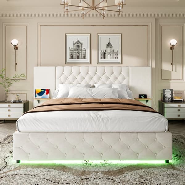 Moderne dobbeltseng 160x200 cm i beige velour – med bredt hovedgærde, LED-belysning, USB-porte og hydraulisk opbevaring under sengen