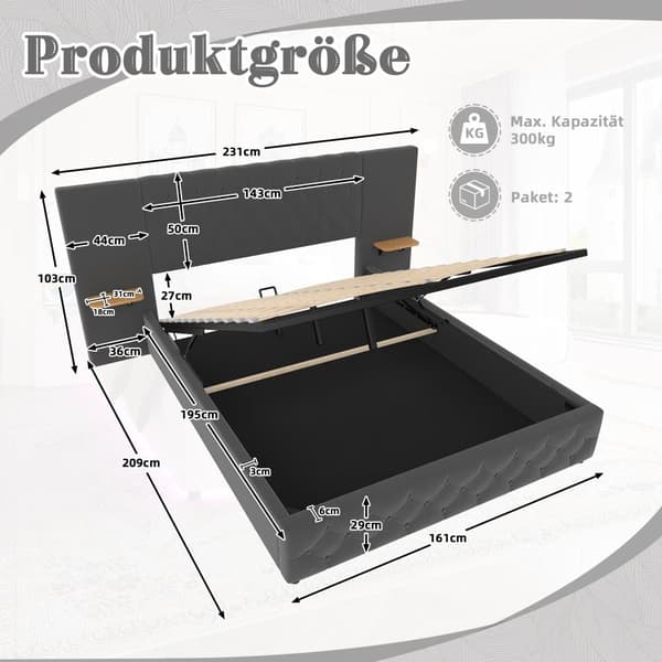 Moderne 160 x 200 cm dobbeltsengsramme med bredt hovedgærde, LED-lys, USB-porte, hydraulisk løftesystem og stor opbevaringsplads