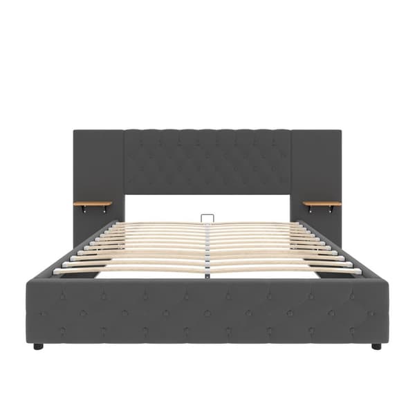 Moderne 160 x 200 cm dobbeltsengsramme med bredt hovedgærde, LED-lys, USB-porte, hydraulisk løftesystem og stor opbevaringsplads