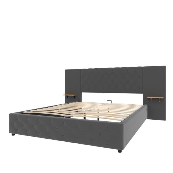 Moderne 160 x 200 cm dobbeltsengsramme med bredt hovedgærde, LED-lys, USB-porte, hydraulisk løftesystem og stor opbevaringsplads
