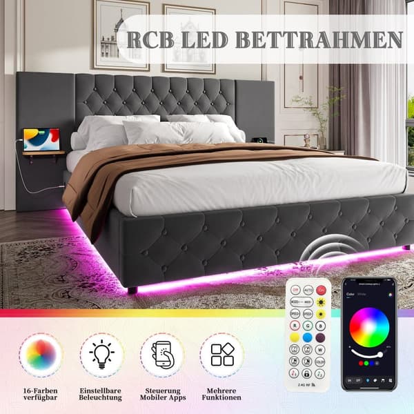 Moderne 160 x 200 cm dobbeltsengsramme med bredt hovedgærde, LED-lys, USB-porte, hydraulisk løftesystem og stor opbevaringsplads