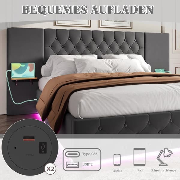 Moderne 160 x 200 cm dobbeltsengsramme med bredt hovedgærde, LED-lys, USB-porte, hydraulisk løftesystem og stor opbevaringsplads
