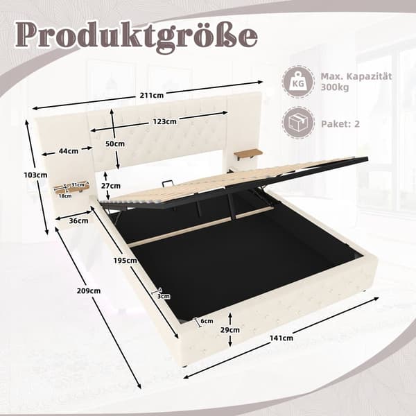 Dobbeltseng med bred sengegavl, LED-belysning, USB-port, hydraulisk løftefunktion og stor opbevaringsplads under sengen – 140x200 cm, Beige