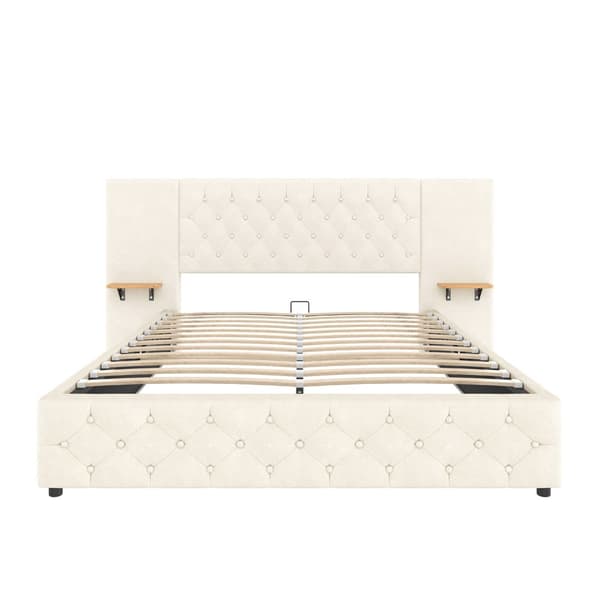 Dobbeltseng med bred sengegavl, LED-belysning, USB-port, hydraulisk løftefunktion og stor opbevaringsplads under sengen – 140x200 cm, Beige