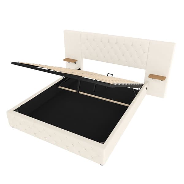 Dobbeltseng med bred sengegavl, LED-belysning, USB-port, hydraulisk løftefunktion og stor opbevaringsplads under sengen – 140x200 cm, Beige
