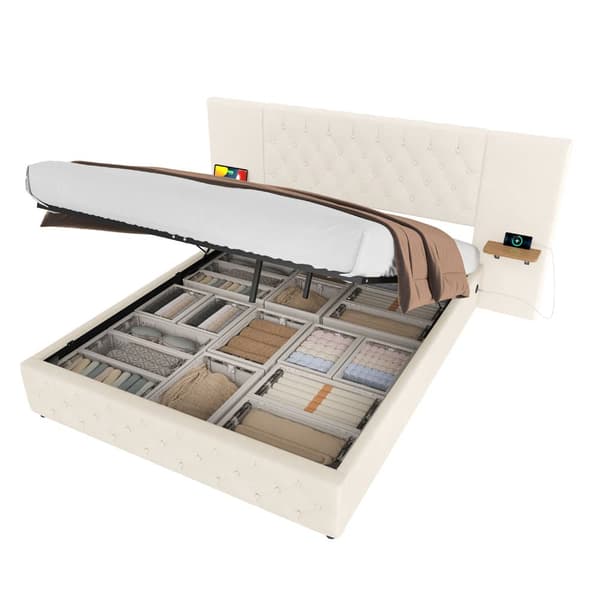 Dobbeltseng med bred sengegavl, LED-belysning, USB-port, hydraulisk løftefunktion og stor opbevaringsplads under sengen – 140x200 cm, Beige