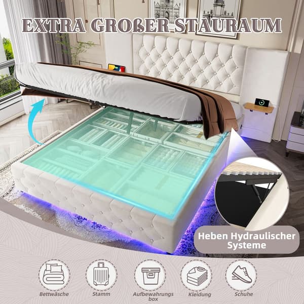 Dobbeltseng med bred sengegavl, LED-belysning, USB-port, hydraulisk løftefunktion og stor opbevaringsplads under sengen – 140x200 cm, Beige
