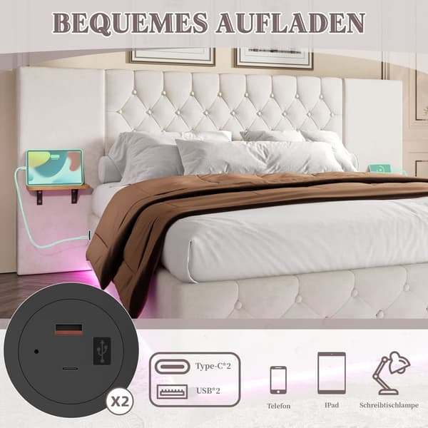 Dobbeltseng med bred sengegavl, LED-belysning, USB-port, hydraulisk løftefunktion og stor opbevaringsplads under sengen – 140x200 cm, Beige