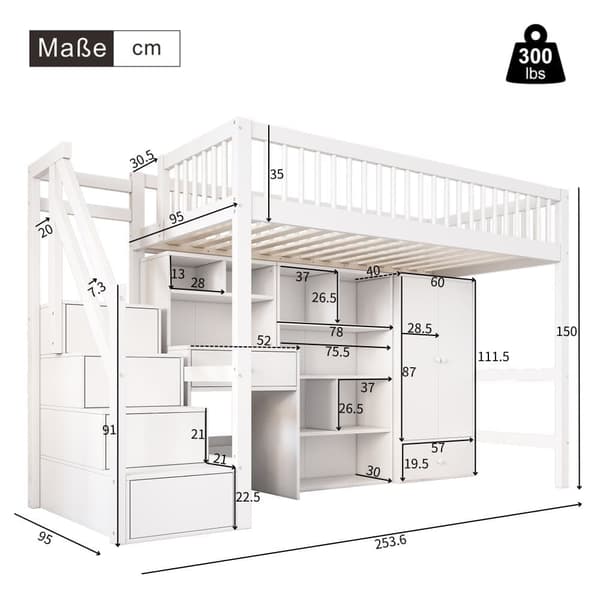 Enseng i træ med MDF - 90x200 cm - med opbevaringsstige, skrivebord og garderobeskab - hvid
