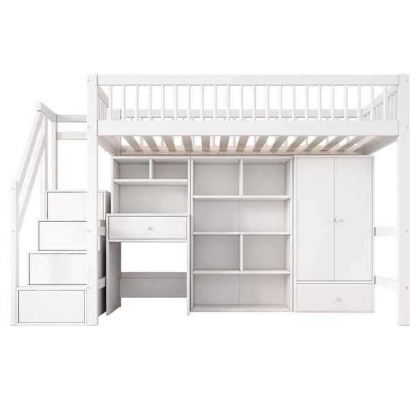 Enseng i træ med MDF - 90x200 cm - med opbevaringsstige, skrivebord og garderobeskab - hvid