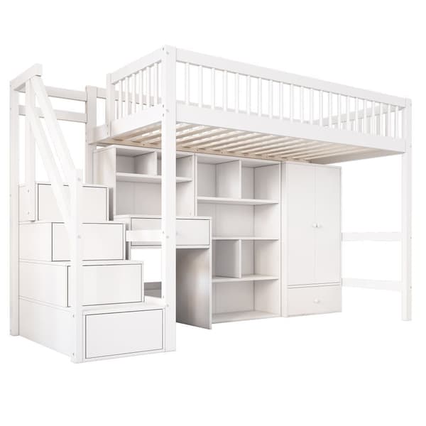 Enseng i træ med MDF - 90x200 cm - med opbevaringsstige, skrivebord og garderobeskab - hvid