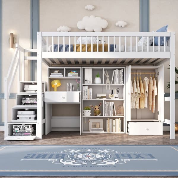 Mezzanine-säng i trä och mdf - 90x200 cm - med förvaringsstege, skrivbord och garderob - vit
