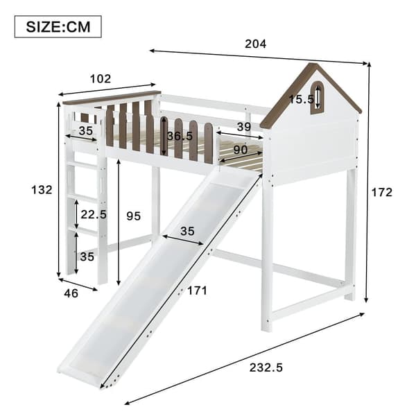 Mezzanine-säng 90x200 cm med stege och glidbana - i furu och mdf - vit och brun