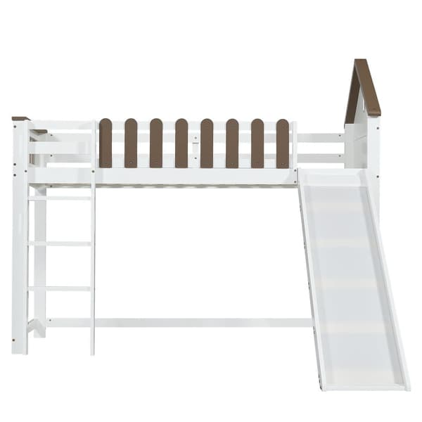 Mezzanine-säng 90x200 cm med stege och glidbana - i furu och mdf - vit och brun
