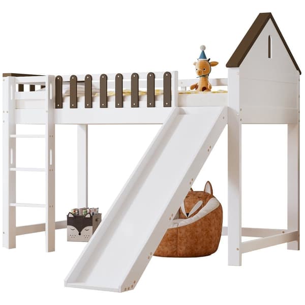 Mezzanine-säng 90x200 cm med stege och glidbana - i furu och mdf - vit och brun