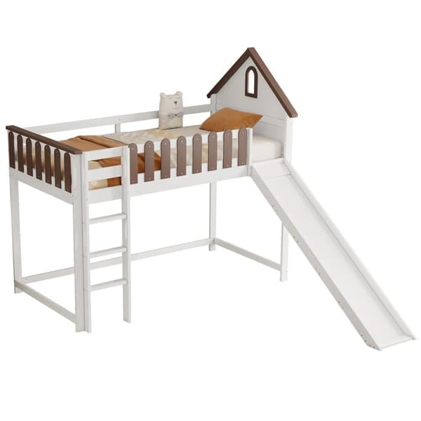 Mezzanine-säng 90x200 cm med stege och glidbana - i furu och mdf - vit och brun
