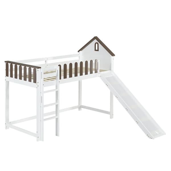 Mezzanine-säng 90x200 cm med stege och glidbana - i furu och mdf - vit och brun