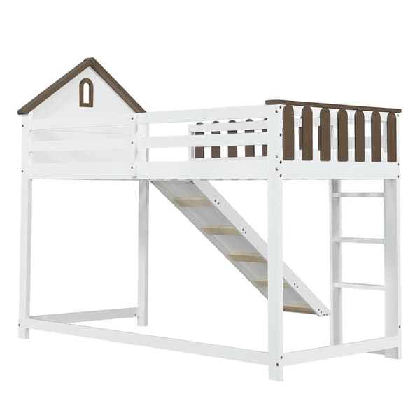 Mezzanine-säng 90x200 cm med stege och glidbana - i furu och mdf - vit och brun