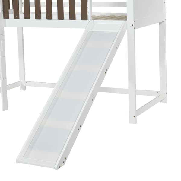 Mezzanine-säng 90x200 cm med stege och glidbana - i furu och mdf - vit och brun