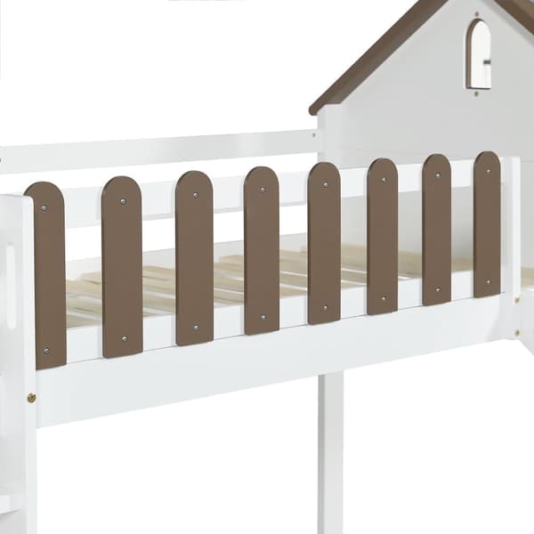 Mezzanine-säng 90x200 cm med stege och glidbana - i furu och mdf - vit och brun