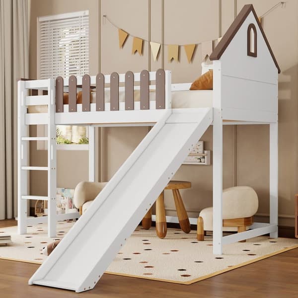 Mezzanine-säng 90x200 cm med stege och glidbana - i furu och mdf - vit och brun