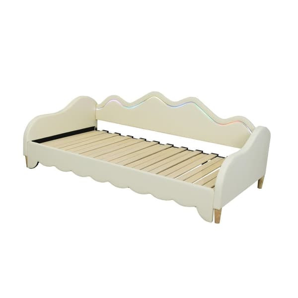 90(180)x190 cm udtræksseng - I imiteret læder - Med LED-belysning og lamelbund - Beige