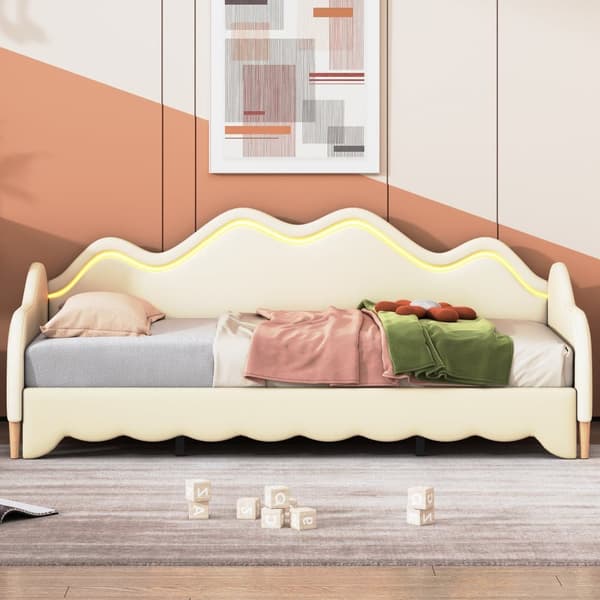 90(180)x190 cm udtræksseng - I imiteret læder - Med LED-belysning og lamelbund - Beige