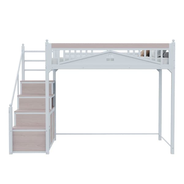 Loftsäng i metall 90 x 200 cm - med förvaringsstege - vit (madrass ingår ej)