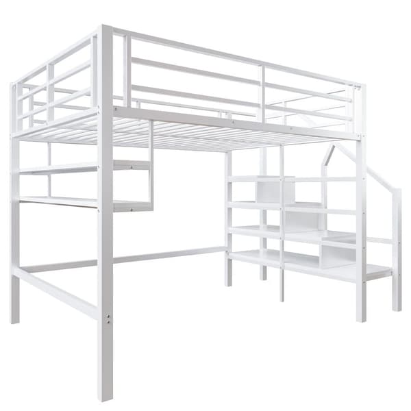 140x200 cm metal mezzanin seng - med hylde og opbevaringsstige - hvid