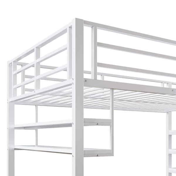 140x200 cm metal mezzanin seng - med hylde og opbevaringsstige - hvid