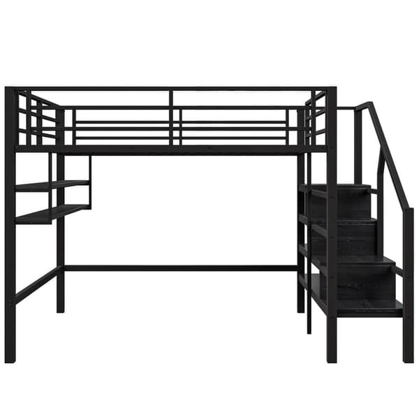 140x200 cm metal mezzanin seng - med hylde og opbevaringsstige - sort