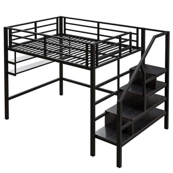 140x200 cm metal mezzanin seng - med hylde og opbevaringsstige - sort