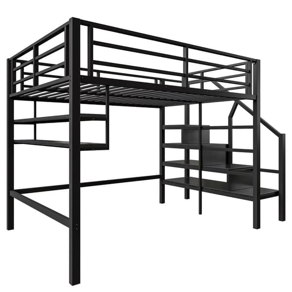 140x200 cm metal mezzanin seng - med hylde og opbevaringsstige - sort