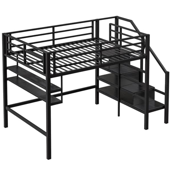 140x200 cm metal mezzanin seng - med hylde og opbevaringsstige - sort